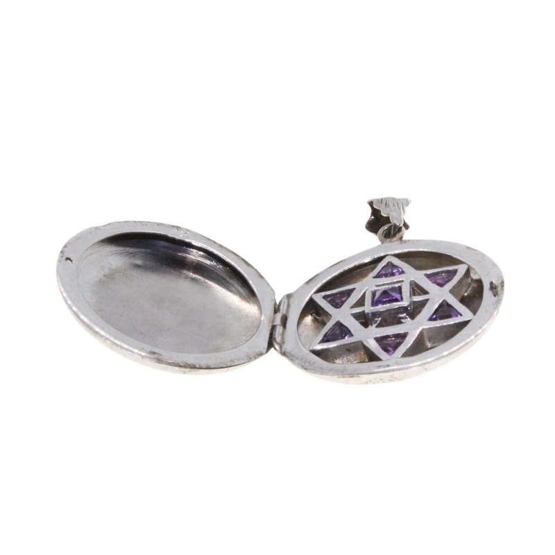 Pendant - 925 Silver Locket. Vintage Magen David Inside. Amethyst Stones - ML3047