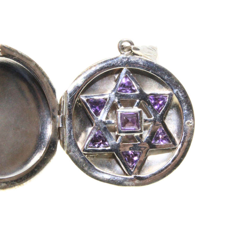 Pendant - 925 Silver Locket. Vintage Magen David Inside. Amethyst Stones - ML3047