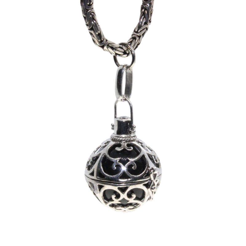 Necklace - 925 Silver Engelsrufer with Black Ball. Cubic Zirconia Crown Lobster Clasp - ML3051