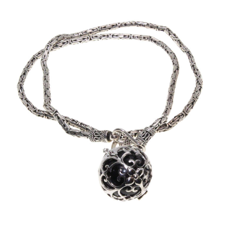 Necklace - 925 Silver Engelsrufer with Black Ball. Cubic Zirconia Crown Lobster Clasp - ML3051