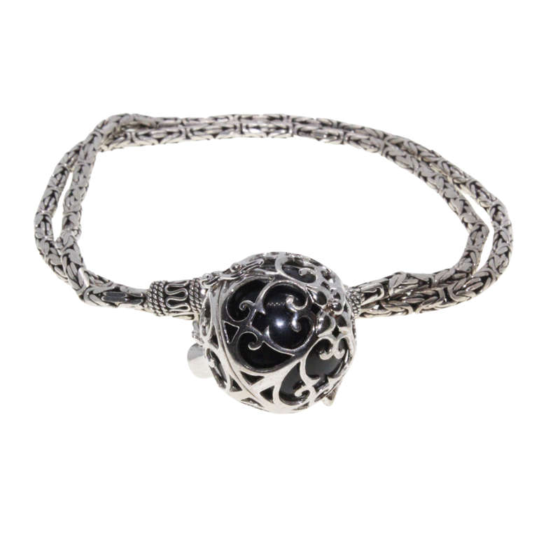 Necklace - 925 Silver Engelsrufer with Black Ball. Cubic Zirconia Crown Lobster Clasp - ML3051