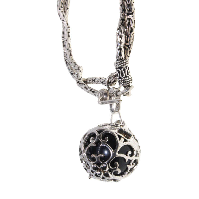 Necklace - 925 Silver Engelsrufer with Black Ball. Cubic Zirconia Crown Lobster Clasp - ML3051