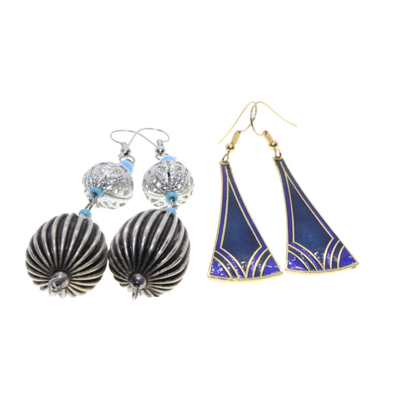 Earrings - Gold Tone Dangly Blue/Gold. Silver Tone Dangly Turquoise/Silver.  Pierced Ears - ML3087