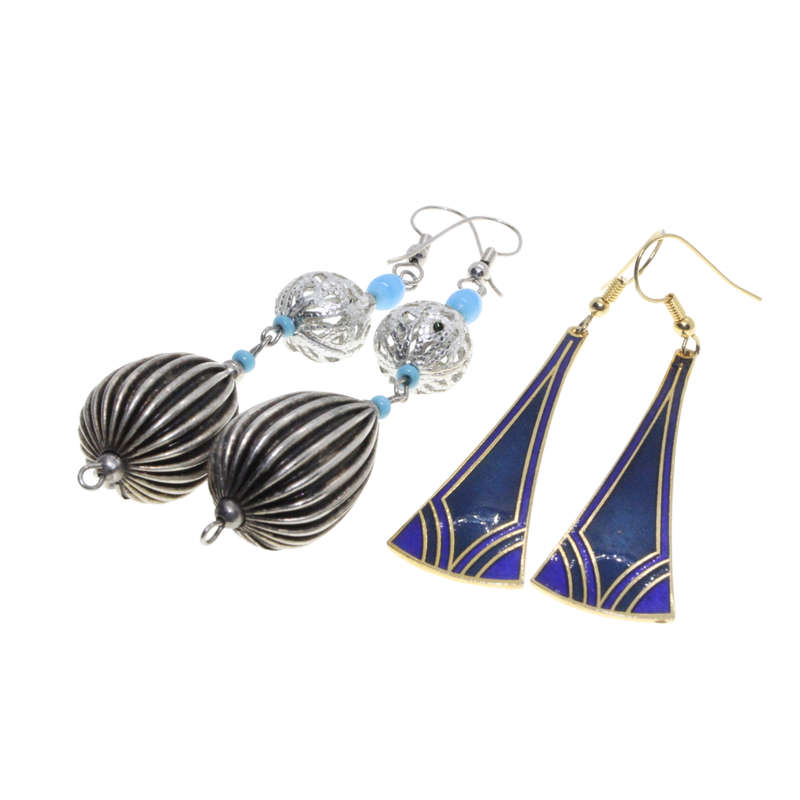 Earrings - Gold Tone Dangly Blue/Gold. Silver Tone Dangly Turquoise/Silver.  Pierced Ears - ML3087