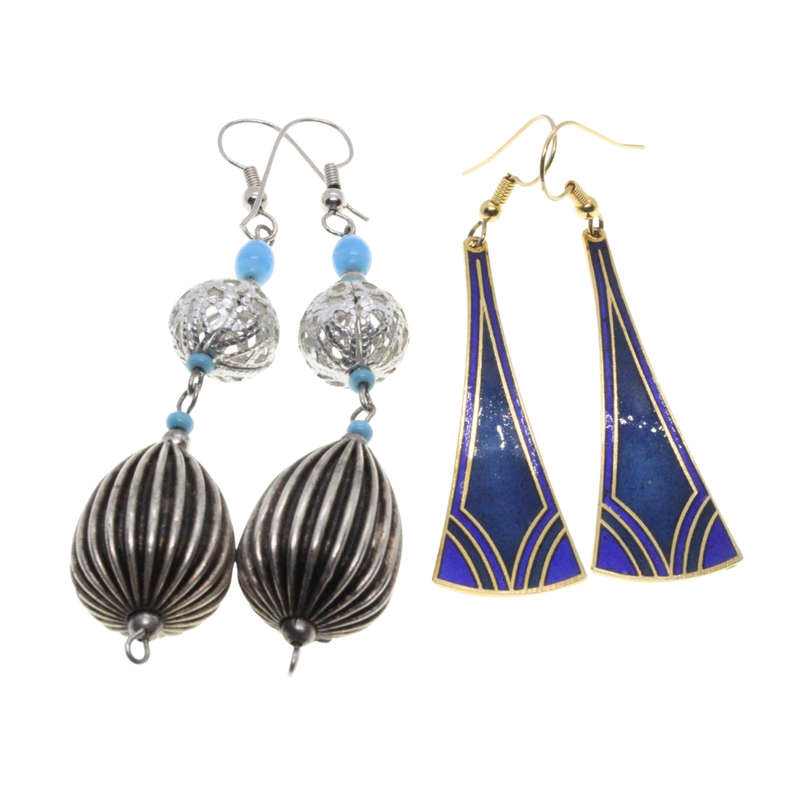 Earrings - Gold Tone Dangly Blue/Gold. Silver Tone Dangly Turquoise/Silver.  Pierced Ears - ML3087
