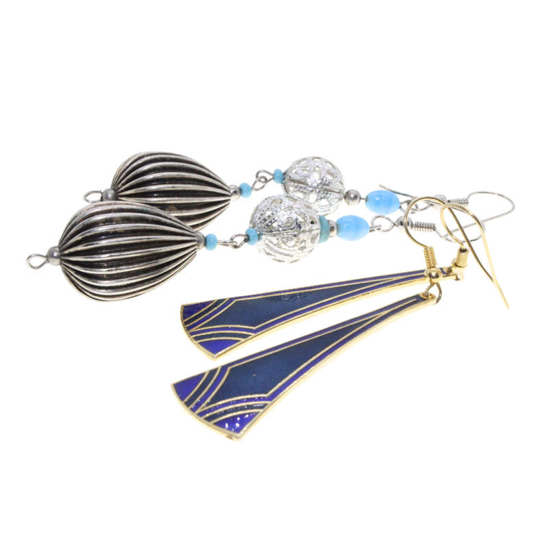Earrings - Gold Tone Dangly Blue/Gold. Silver Tone Dangly Turquoise/Silver.  Pierced Ears - ML3087