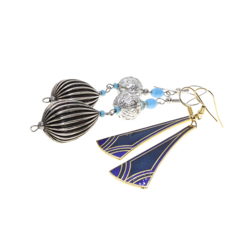 Earrings - Gold Tone Dangly Blue/Gold. Silver Tone Dangly Turquoise/Silver.  Pierced Ears - ML3087