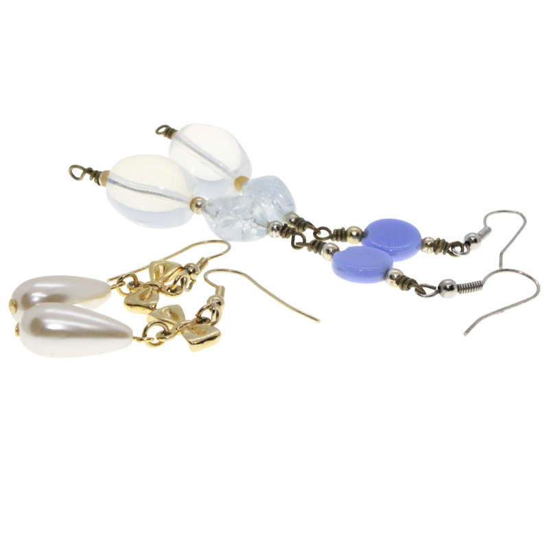 Earrings - Gold Tone Dangly Bow Faux Pearl. Silver Tone Blue and Clear Beads. Pierced Ears - ML3088
