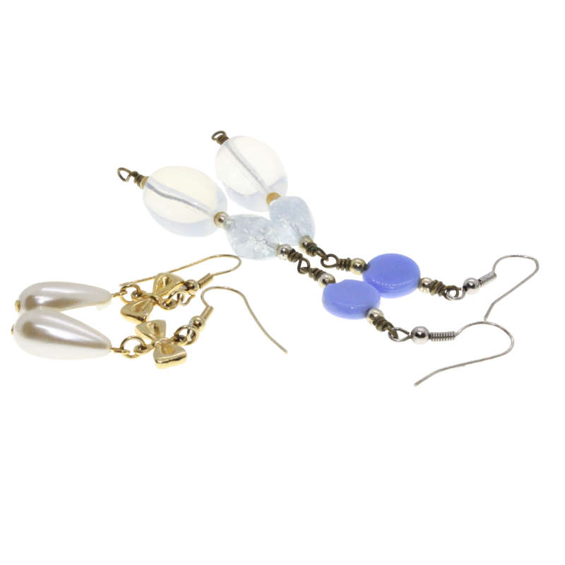 Earrings - Gold Tone Dangly Bow Faux Pearl. Silver Tone Blue and Clear Beads. Pierced Ears - ML3088