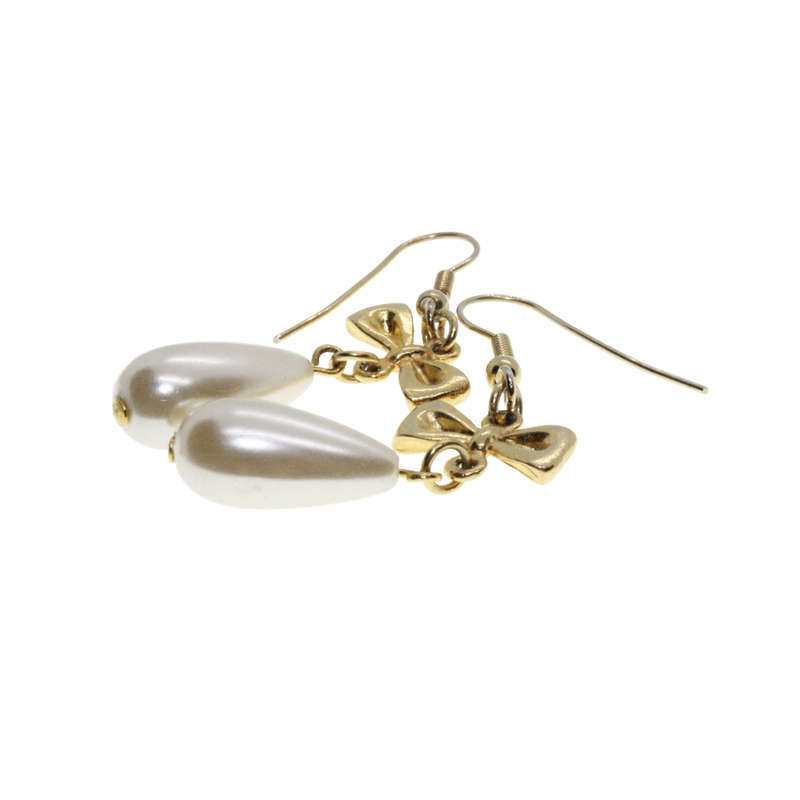 Earrings - Gold Tone Dangly Bow Faux Pearl. Silver Tone Blue and Clear Beads. Pierced Ears - ML3088