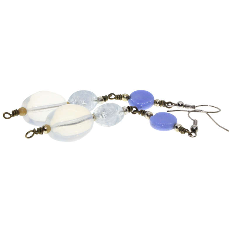 Earrings - Gold Tone Dangly Bow Faux Pearl. Silver Tone Blue and Clear Beads. Pierced Ears - ML3088