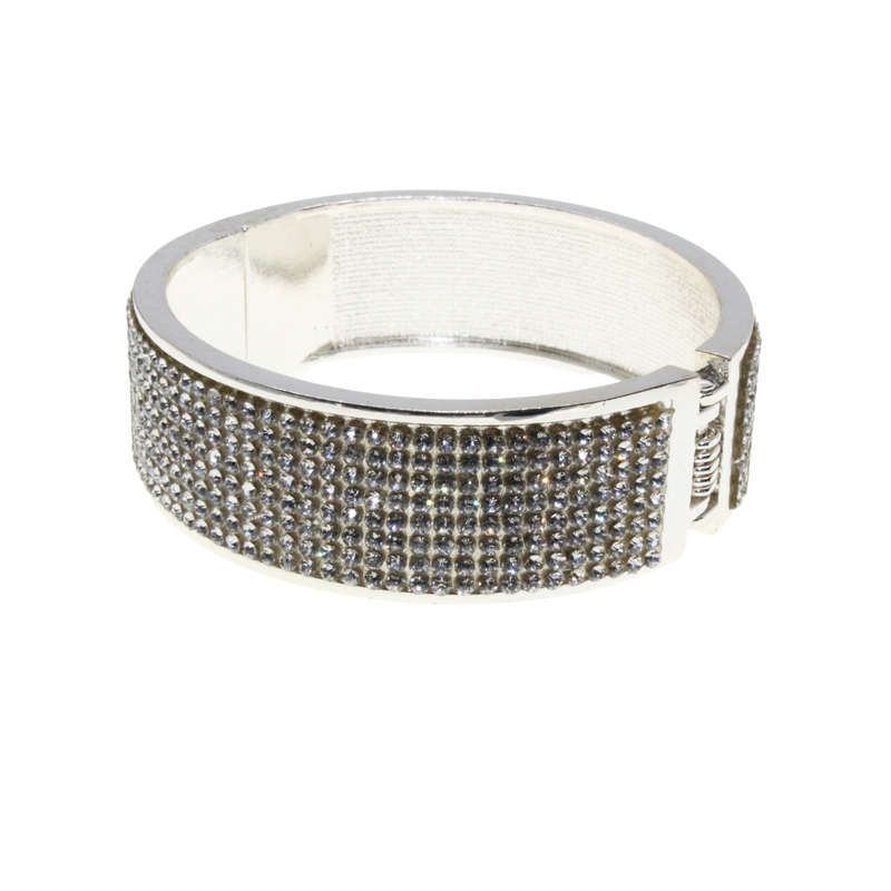 Bangle - Silver Tone Fashion Cuff Bangle. Completely Surrounded by Sparkly Diamantes - ML3097
