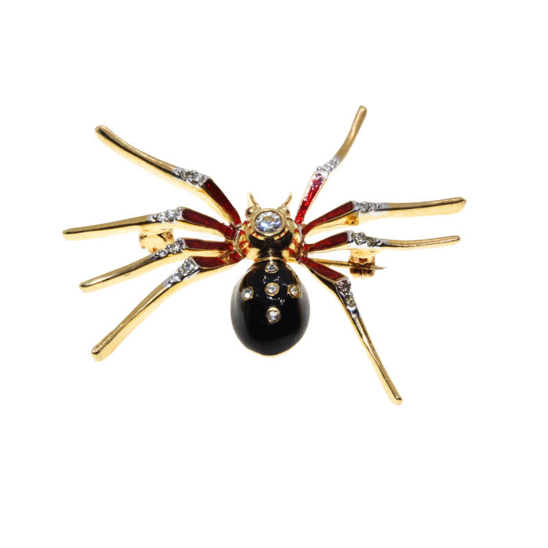 Brooch - Gold Tone Red, Black Spider. Body Detailed in Diamantes. Pierre Cardin Logo Stamped - ML...