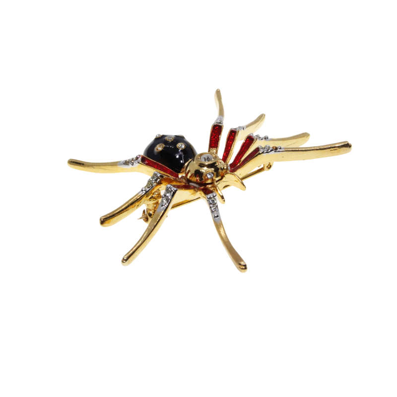 Brooch - Gold Tone Red, Black Spider. Body Detailed in Diamantes. Pierre Cardin Logo Stamped - ML...
