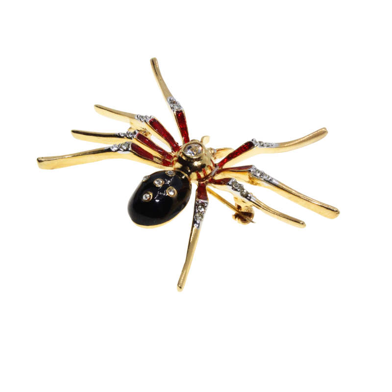 Brooch - Gold Tone Red, Black Spider. Body Detailed in Diamantes. Pierre Cardin Logo Stamped - ML...