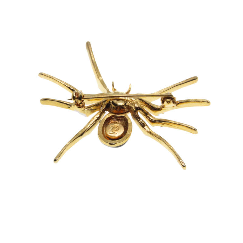 Brooch - Gold Tone Red, Black Spider. Body Detailed in Diamantes. Pierre Cardin Logo Stamped - ML...