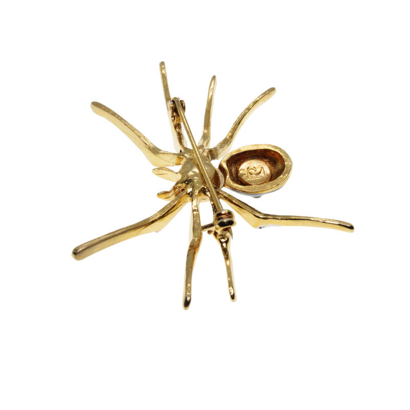Brooch - Gold Tone Red, Black Spider. Body Detailed in Diamantes. Pierre Cardin Logo Stamped - ML...