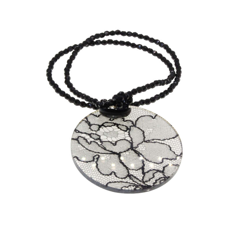 Necklace - Perspex/ Lace Pendant. Necklace Onyx Beads. 8th Wedding Anniversay Gift - ML3101