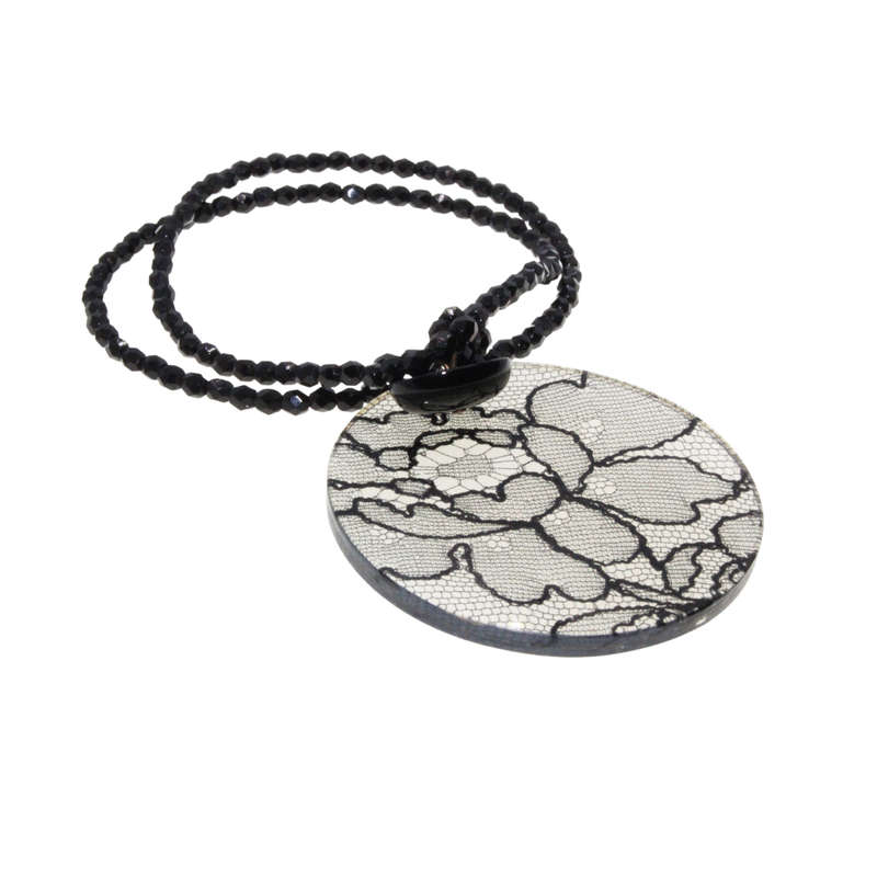 Necklace - Perspex/ Lace Pendant. Necklace Onyx Beads. 8th Wedding Anniversay Gift - ML3101