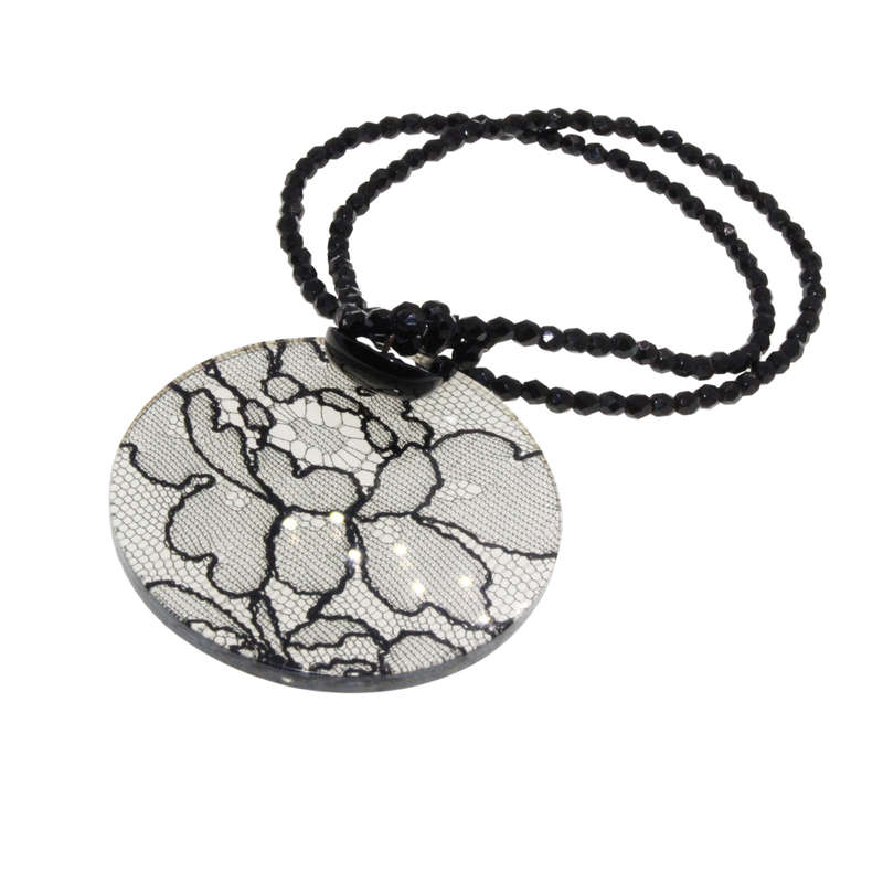 Necklace - Perspex/ Lace Pendant. Necklace Onyx Beads. 8th Wedding Anniversay Gift - ML3101