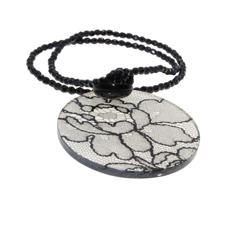 Necklace - Perspex/ Lace Pendant. Necklace Onyx Beads. 8th Wedding Anniversay Gift - ML3101