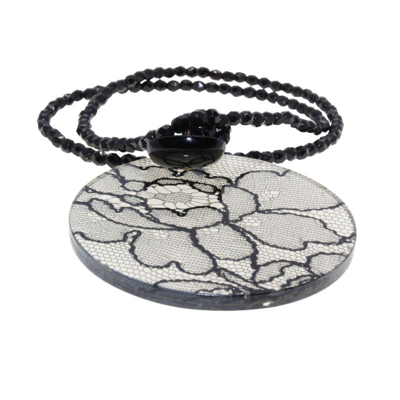 Necklace - Perspex/ Lace Pendant. Necklace Onyx Beads. 8th Wedding Anniversay Gift - ML3101