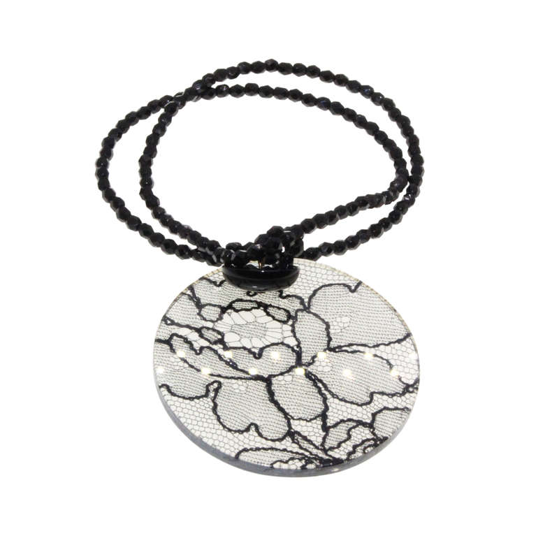 Necklace - Perspex/ Lace Pendant. Necklace Onyx Beads. 8th Wedding Anniversay Gift - ML3101