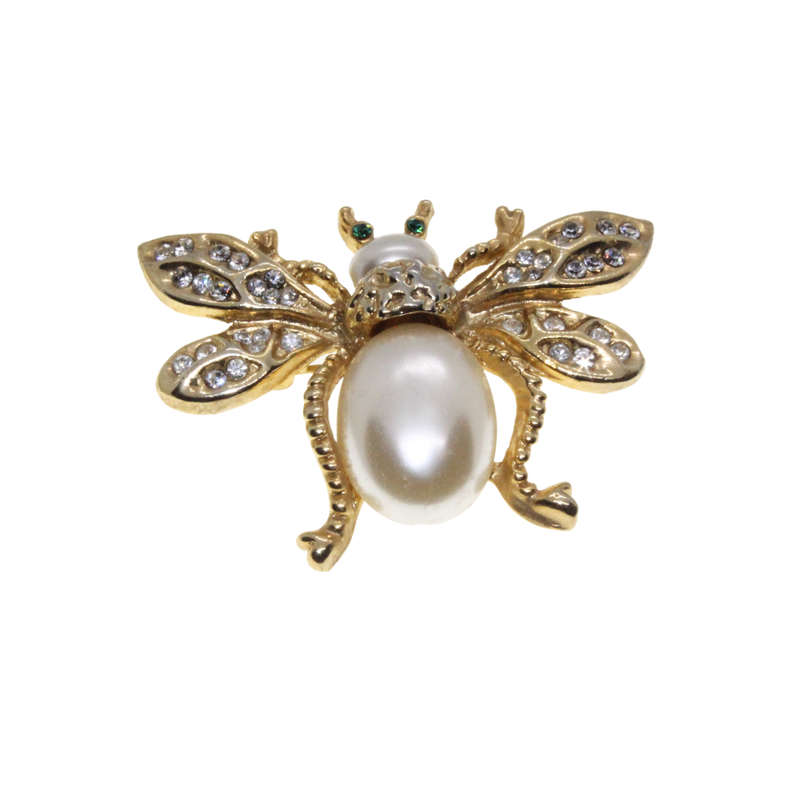 Brooch - Gold Tone Beetle Brooch. Wings Diamante detail. Green Rhinestone Eyes. Faux Pearl - ML3102