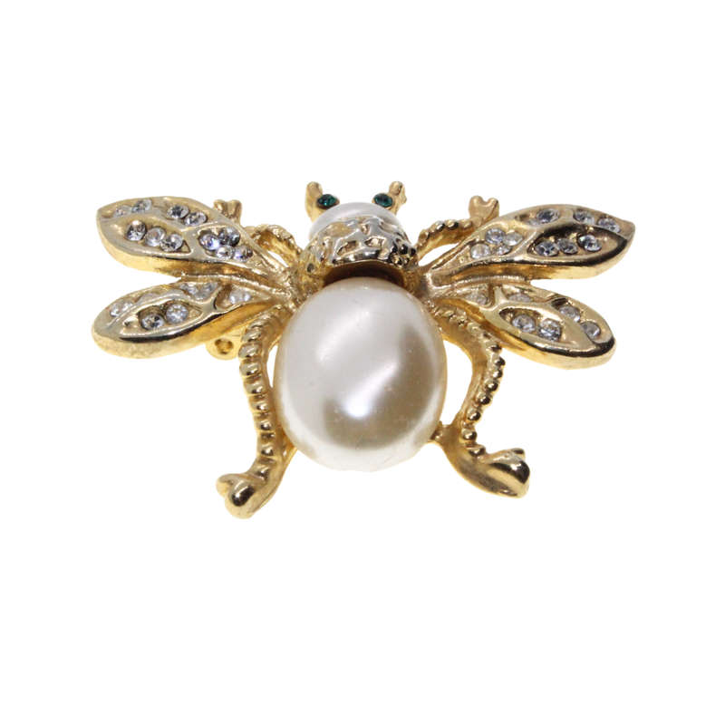 Brooch - Gold Tone Beetle Brooch. Wings Diamante detail. Green Rhinestone Eyes. Faux Pearl - ML3102