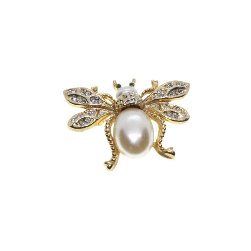 Brooch - Gold Tone Beetle Brooch. Wings Diamante detail. Green Rhinestone Eyes. Faux Pearl - ML3102