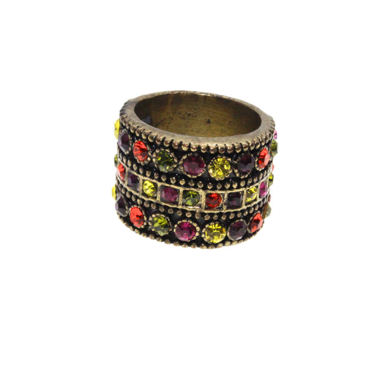 Ring - Gold/Brass Tone Chunky Band. Covered in Multi-Colour Rhinestones. Slightly Tarnished - ML3103