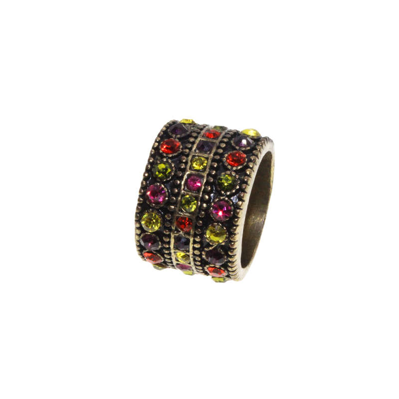 Ring - Gold/Brass Tone Chunky Band. Covered in Multi-Colour Rhinestones. Slightly Tarnished - ML3103