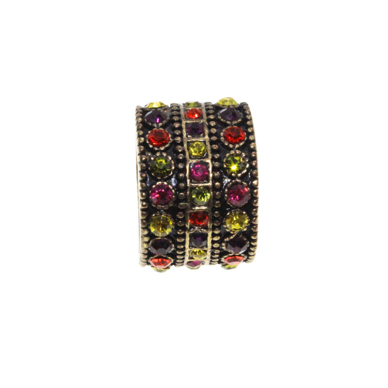 Ring - Gold/Brass Tone Chunky Band. Covered in Multi-Colour Rhinestones. Slightly Tarnished - ML3103