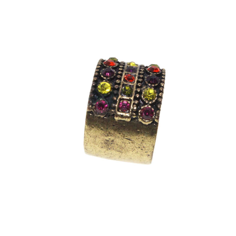 Ring - Gold/Brass Tone Chunky Band. Covered in Multi-Colour Rhinestones. Slightly Tarnished - ML3103