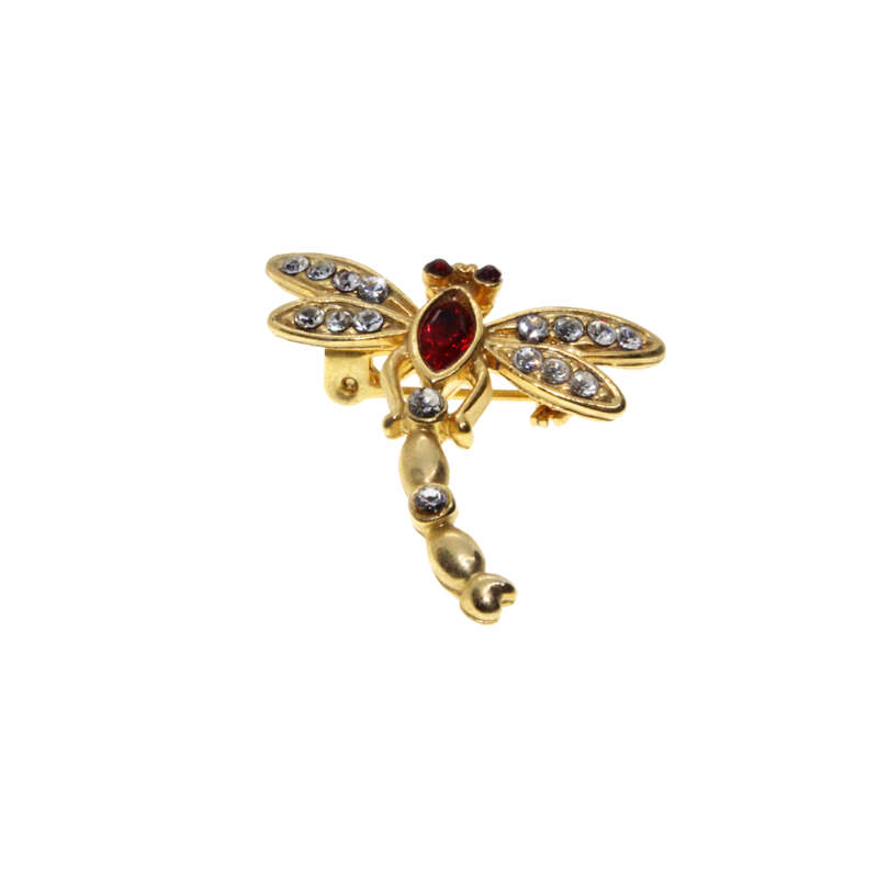 Brooch - Gold Tone Dainty Dragonfly. Red Rhinestones. Wings & Body Decorated with Diamantes - ML3105