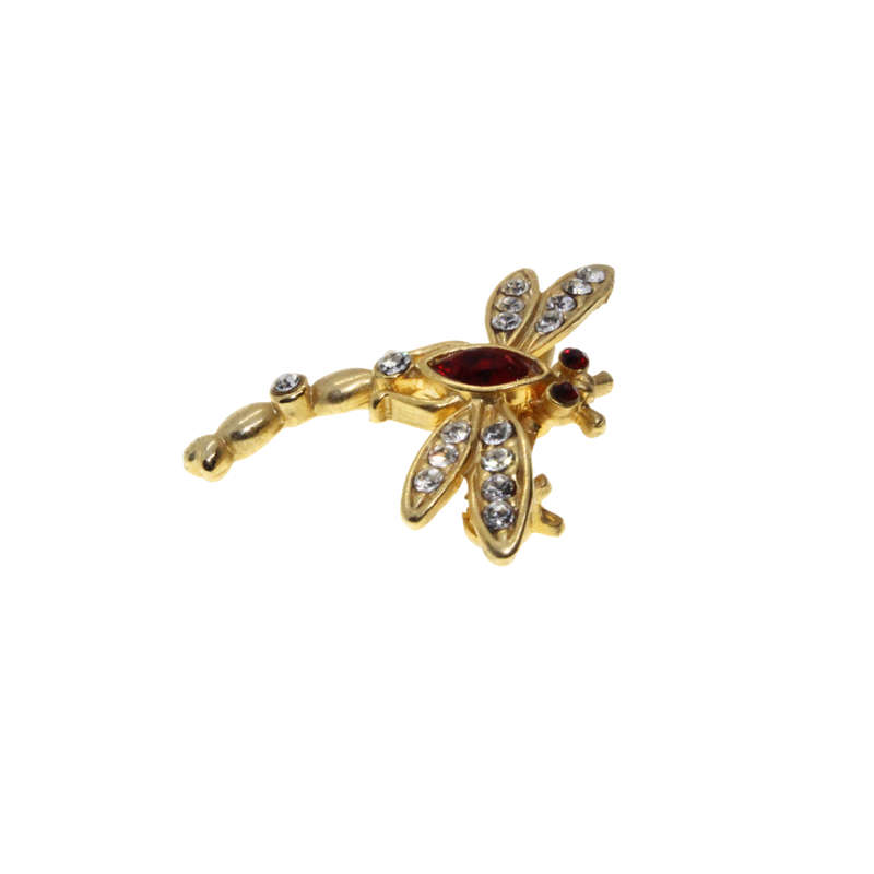 Brooch - Gold Tone Dainty Dragonfly. Red Rhinestones. Wings & Body Decorated with Diamantes - ML3105