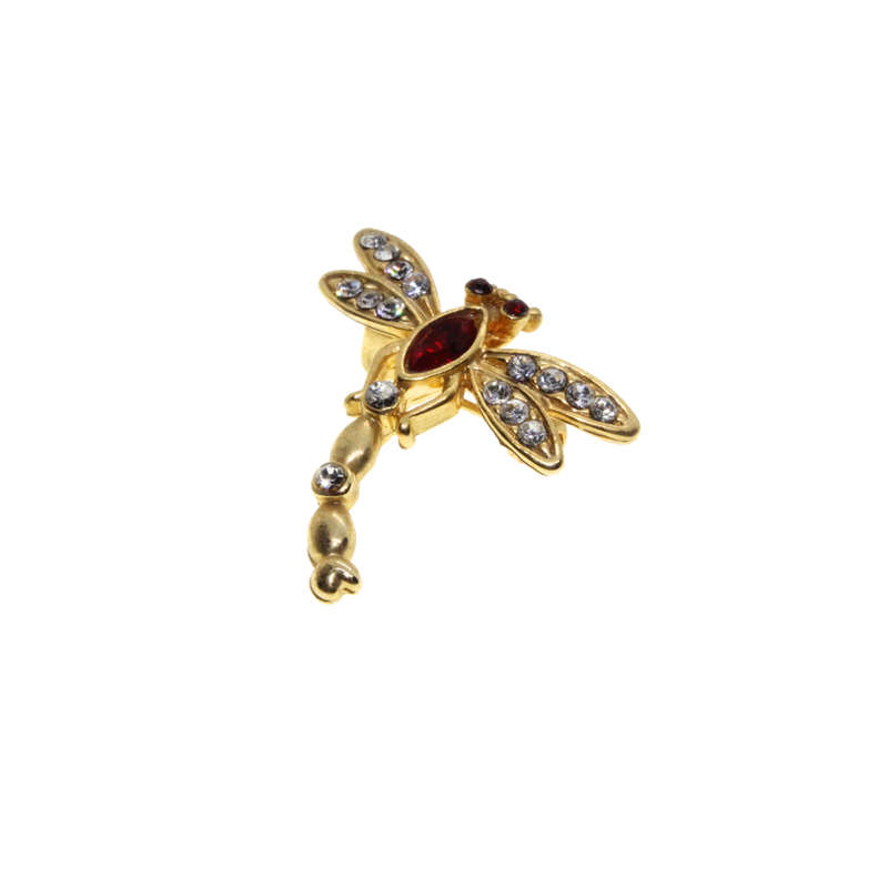 Brooch - Gold Tone Dainty Dragonfly. Red Rhinestones. Wings & Body Decorated with Diamantes - ML3105
