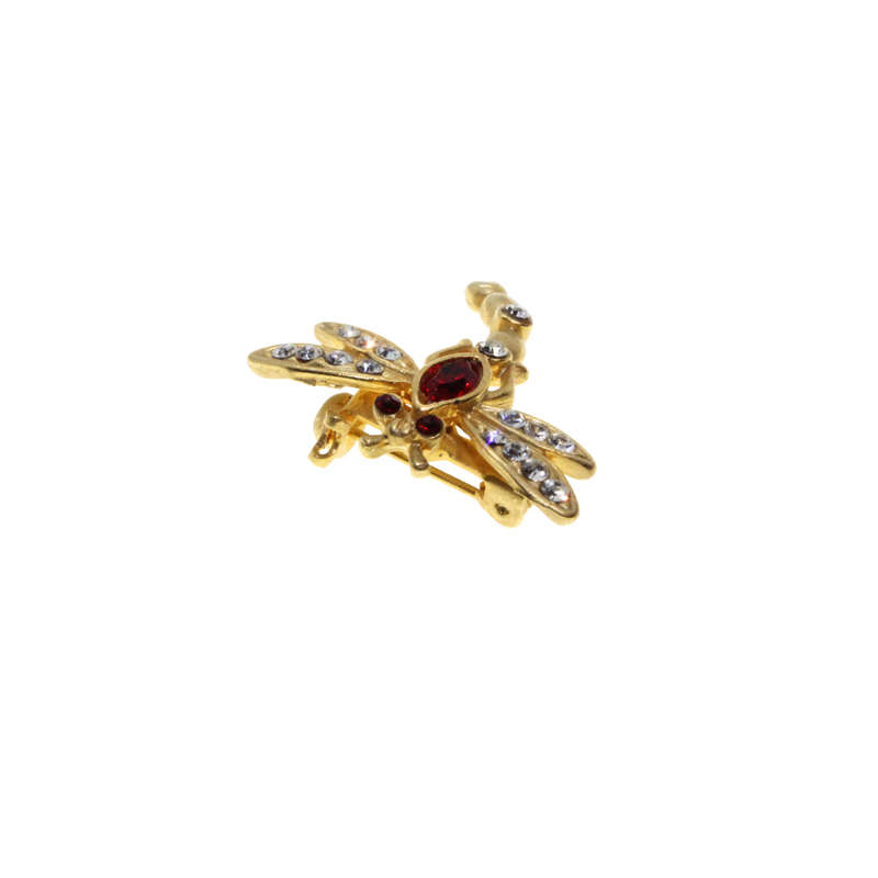 Brooch - Gold Tone Dainty Dragonfly. Red Rhinestones. Wings & Body Decorated with Diamantes - ML3105