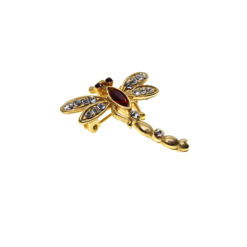 Brooch - Gold Tone Dainty Dragonfly. Red Rhinestones. Wings & Body Decorated with Diamantes - ML3105