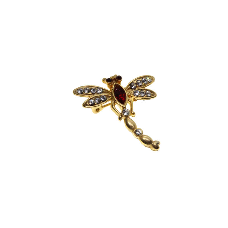 Brooch - Gold Tone Dainty Dragonfly. Red Rhinestones. Wings & Body Decorated with Diamantes - ML3105