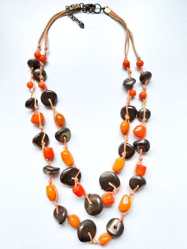 Necklace - Vintage Necklace 2 Swands. Orange Beads and Copper Tone Donut Shape Beads ML2003