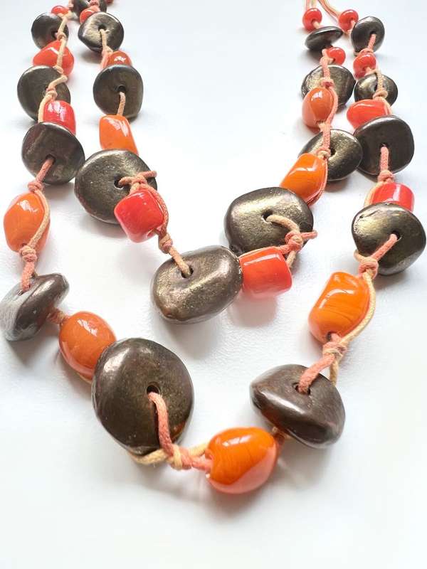 Necklace - Vintage Necklace 2 Swands. Orange Beads and Copper Tone Donut Shape Beads ML2003