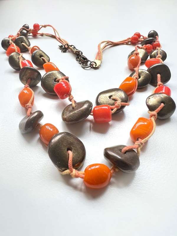 Necklace - Vintage Necklace 2 Swands. Orange Beads and Copper Tone Donut Shape Beads ML2003