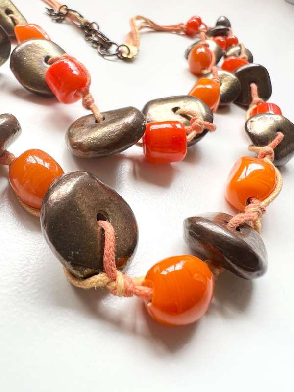 Necklace - Vintage Necklace 2 Swands. Orange Beads and Copper Tone Donut Shape Beads ML2003