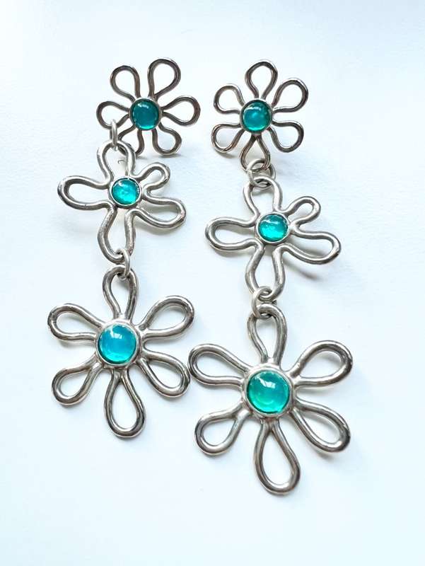 Earrings - Vintage 3 Tier Drop Earrings. For Pierced Ears. Silver Tone Flowers with Turquoise Gla...