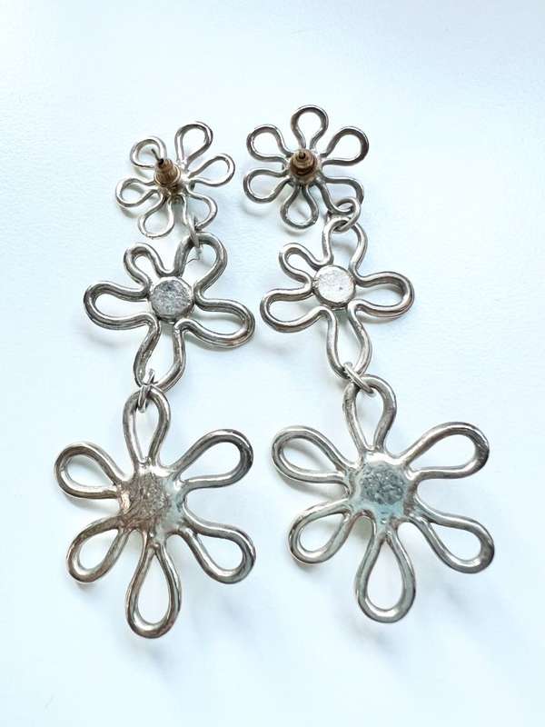 Earrings - Vintage 3 Tier Drop Earrings. For Pierced Ears. Silver Tone Flowers with Turquoise Gla...