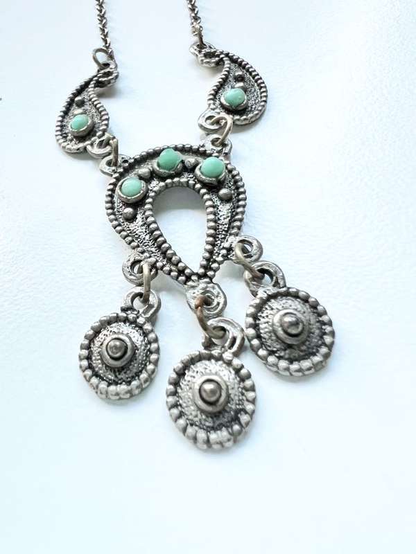 Pendant - Vintage Boho Style Choke Pendant. Silver Tone. One Hanging Piece in Centre. Turquoise C...