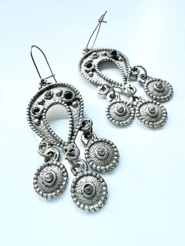 Earrings - Vintage Boho Drop Earrings For Pierced Ears. Silver Tone Filigree with 2 Dark Colour S...