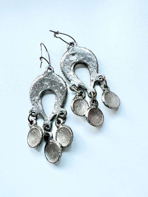 Earrings - Vintage Boho Drop Earrings For Pierced Ears. Silver Tone Filigree with 2 Dark Colour S...