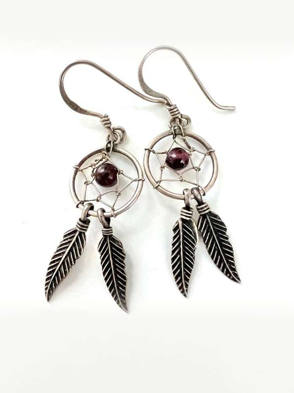 Earrings - 925 Silver Dream Catcher Earrings For Pierced Ears. Inidigo Bead in Centre ML2027